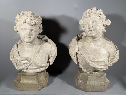 Antiquités - Eros et Antéros - Paire de bustes en plâtre, Italie 18e siècle