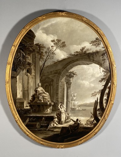 Antiquités - Pair of grisailles views of ports, Provence circa 1800