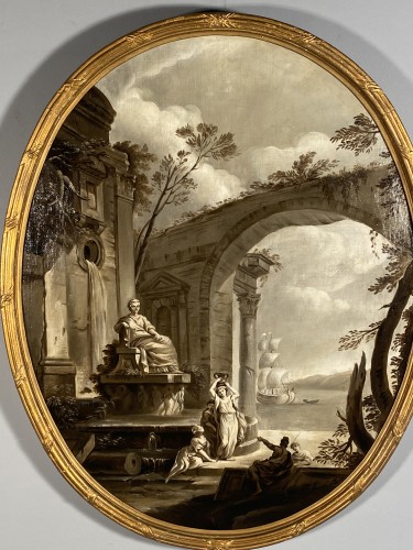 Antiquités - Pair of grisailles views of ports, Provence circa 1800