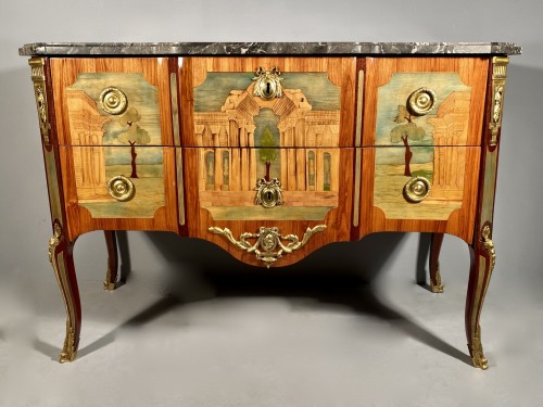 Commode en marqueterie de ruines par A.L Gilbert, Paris vers 1775 - Mobilier Style Transition