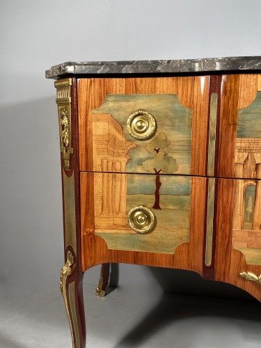Commode en marqueterie de ruines par A.L Gilbert, Paris vers 1775 - Transition