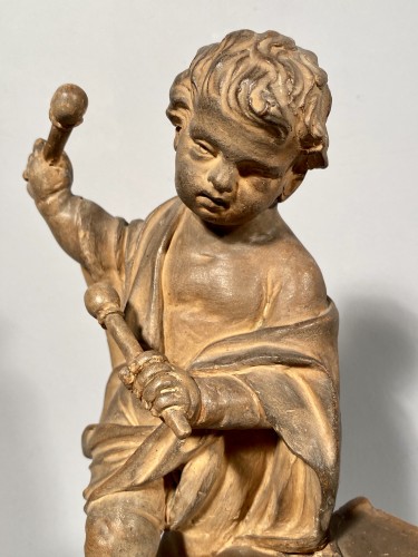 Projet de chenets en terre cuite aux enfants musiciens, Paris vers 1770 - Sculpture Style Transition
