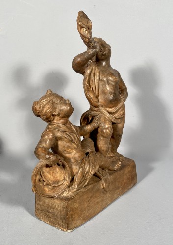 Antiquités - Projet de chenets en terre cuite aux enfants musiciens, Paris vers 1770