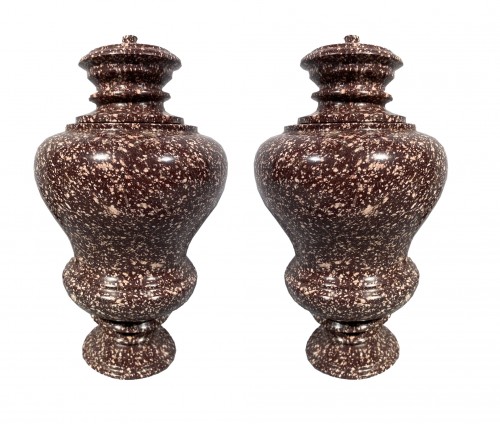 Pair of Louis XIV style porphyry covered vases