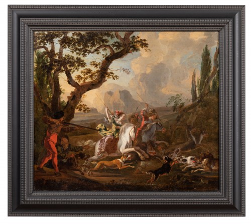 Scène de chasse signée A.Doornbos, Amsterdam vers 1675.