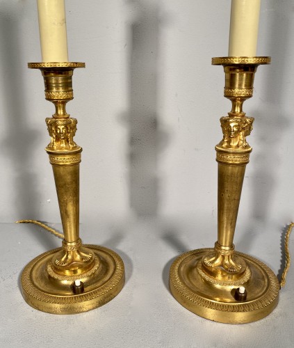 XIXe siècle - Paire de flambeaux montés en lampe, époque Empire