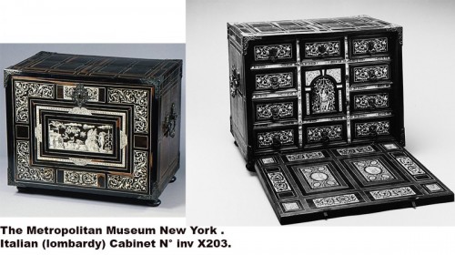 Mobilier Cabinet & Coffre - Cabinet de voyage en ébène et filets d'ivoire gravé, Milan vers 1620