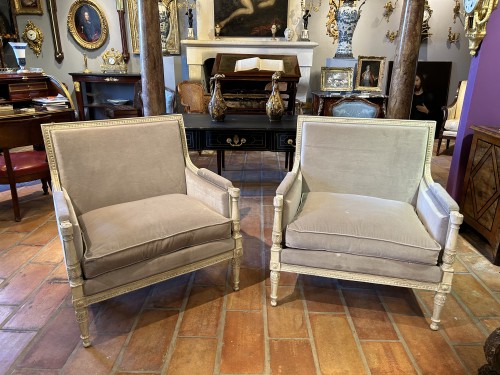 Antiquités - Paire de larges marquises à dossiers plats, Paris époque Louis XVI