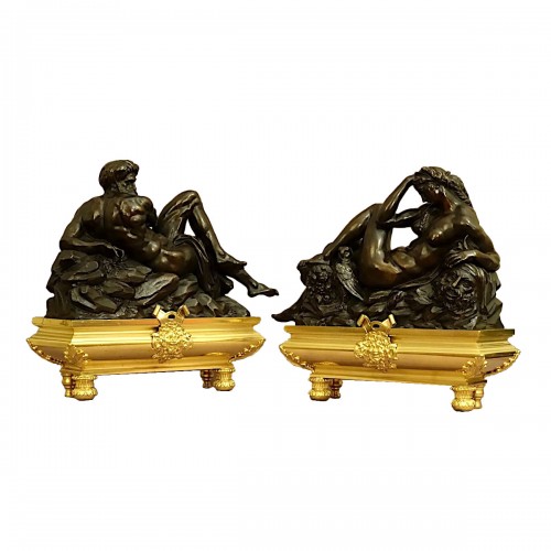 Pair Of Andirons Day And Night XIXth 