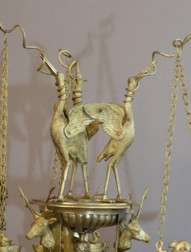 Antiquités - Lampe en Athénienne portant 3 lampes à huile, objet du Grand Tour XIXe