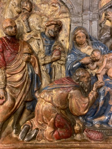 Art sacré, objets religieux  - L'Adoration des mages en terre cuite polychrome, Italie fin XVIIe
