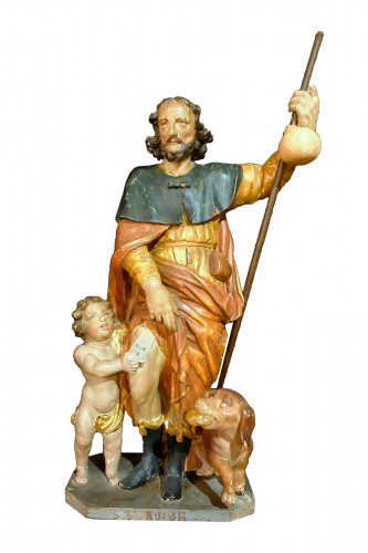 Saint Roch, the angel and the dog in polychrome carved wood, 18th century