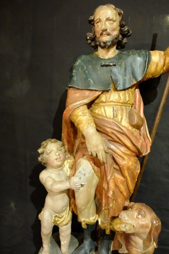 Saint Roch, l'ange et le chien en bois sculpté polychrome, XVIIIe siècle - Louis XIV