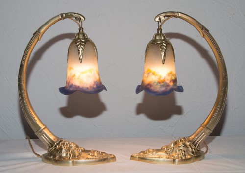 Luminaires Lampe - Paire de lampes en bronze doré Charles Ranc époque Art Déco