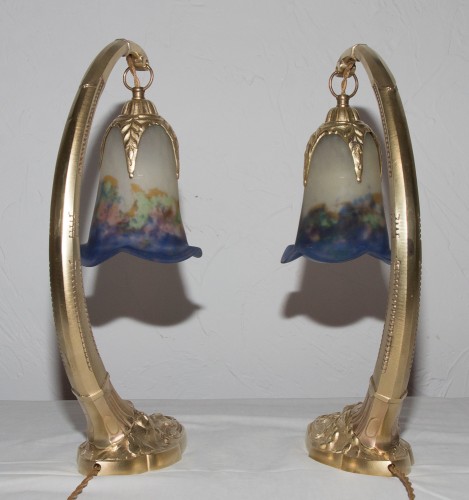 Antiquités - Paire de lampes en bronze doré Charles Ranc époque Art Déco