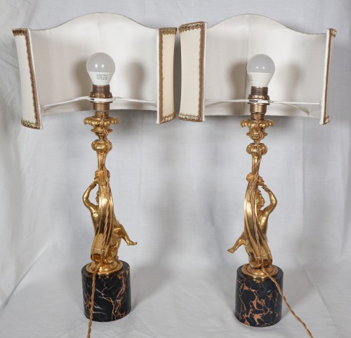 Antiquités - Pair of gilt bronze lamps, Napoléon III period
