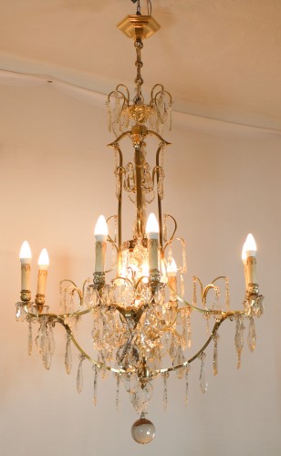 Lustre à douze feux en bronze doré et cristal fin XIXe siècle - Luminaires Style 