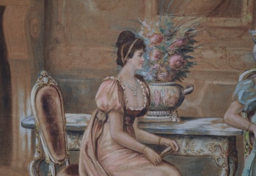 Antiquités - Tapisserie peinte intérieur bourgeois fin XIXe siècle