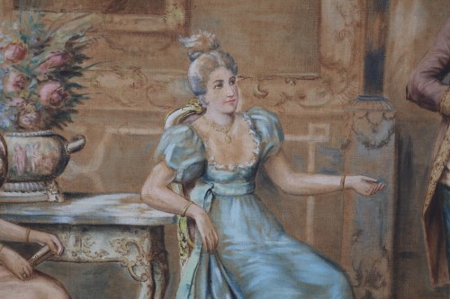 Antiquités - Tapisserie peinte intérieur bourgeois fin XIXe siècle