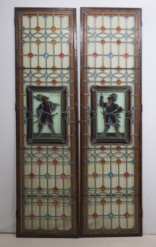 Antiquités - Suite de quatre vitraux anciens en verre au plomb fin XIXe