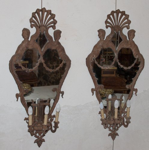 XIXe siècle - Grande paire d'appliques à miroir en acajou Italie circa 1850