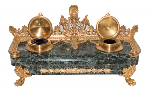 XIXe siècle - Encrier en marbre et bronze doré F Barbedienne