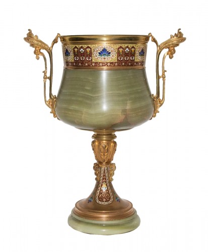 A late 19th century Onyx, bronze and enamel cup by Eugène Cornu (1827- 1899)