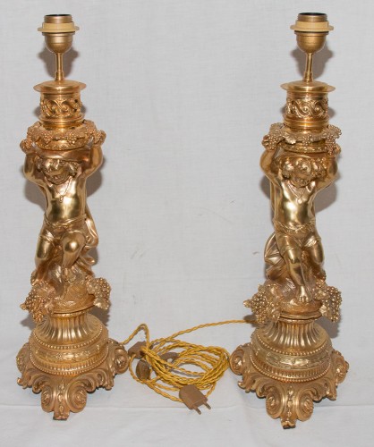 XIXe siècle - Grandes paire de lampes aux putti en bronze doré époque Napoléon III