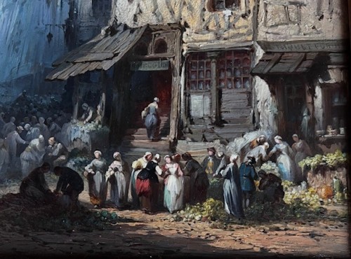Tableaux et dessins Tableaux XIXe siècle - Jour de marché animé en Normandie - Léonard saurfelt (1840-1890).