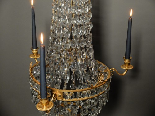 Lustre corbeille empire en bronze doré et cristal - Antiquités Olivier Alberteau