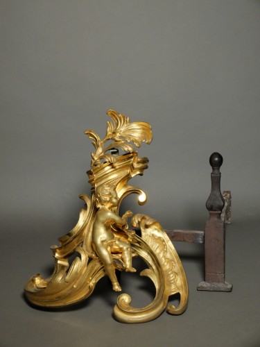 Paire de chenets allégoriques d'époque Louis XV - Objet de décoration Style Louis XV
