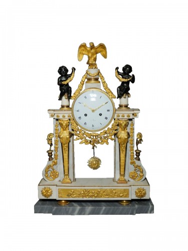 Portico Clock With Caryatids In Marble And Bronze, Louis XVI Period 