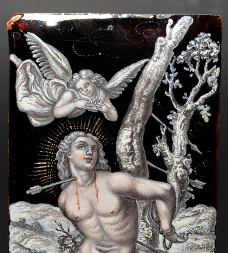 The martyrdom of St. Sebastian, painted enamel, Limoges 19th century - Religious Antiques Style Napoléon III