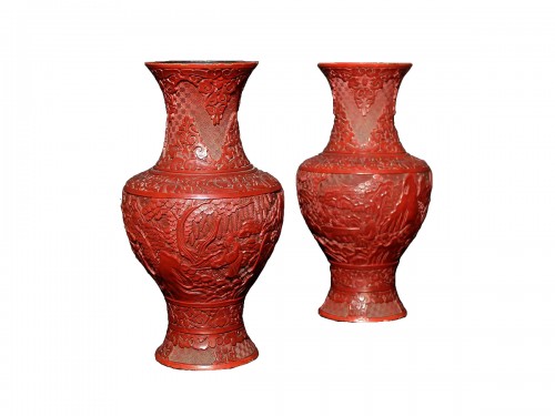 Pair of Chinese vases in cinnabar lacquer - 19th century