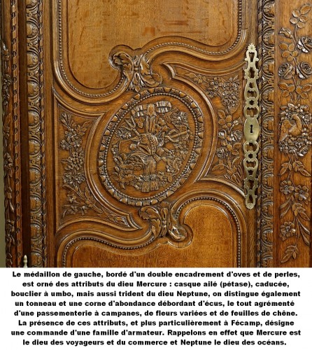 XIXe siècle - Armoire de mariage d'armateur en chêne sculpté. Fécamp, XIXe siècle