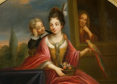 Jeune femme au perroquet - Tableau ovale d'époque Louis XIV - Tableaux et dessins Style Louis XIV