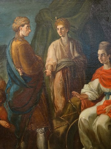 Antiquités - Paire de grands tableaux - Salomon et Saba. Italie XVIIe