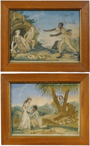Paul et Virginie - Paire de peintures sur soie brodées