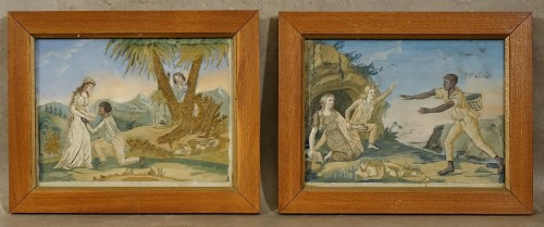 Paul et Virginie - Paire de peintures sur soie brodées - Objet de décoration Style 