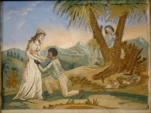 Paul et Virginie - Paire de peintures sur soie brodées - Antiquités Philippe Glédel