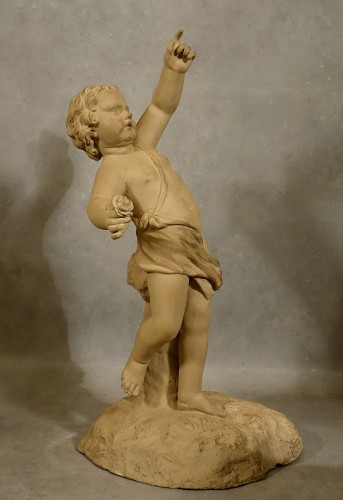 Putto à la rose en terre cuite XVIIIe - Sculpture Style 
