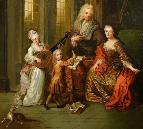 Tableaux et dessins Tableaux XVIIIe siècle - Portrait de famille dans un salon - Suiveur de Le Vrac-Tournières