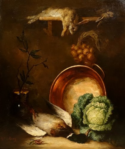 Grande nature morte signée Louise de Bury datée 1873 - Tableaux et dessins Style Napoléon III