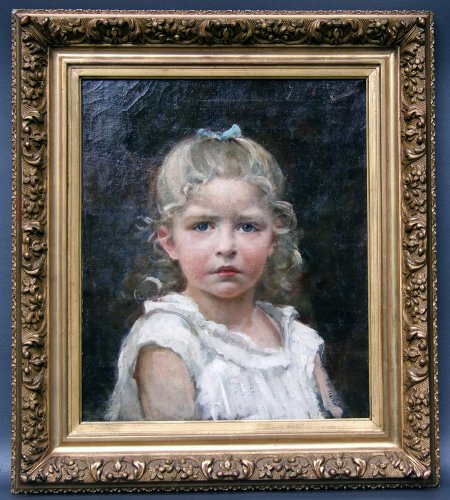 Portrait d'une enfant blonde au ruban bleu, peint par Gaston Marquet