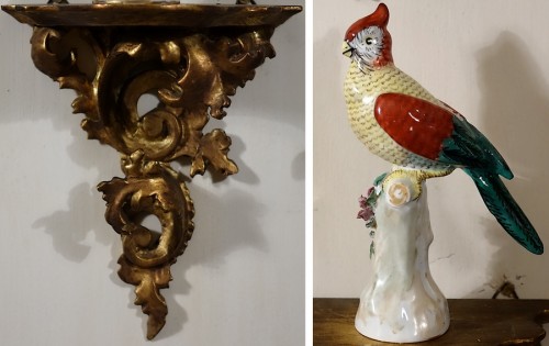 Collection d'oiseaux en porcelaine sur consoles en bois doré - 