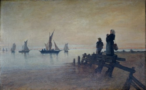 Retour de pêche sur la Côte d'Opale - Marine attribuée à Charles Roussel - Tableaux et dessins Style 