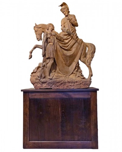 Importante sculpture équestre en terre cuite représentant Saint Martin