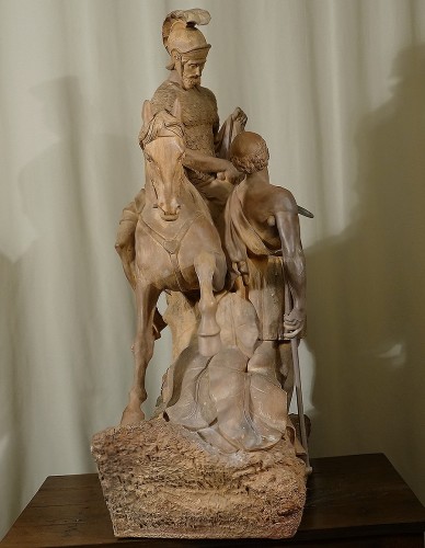 XIXe siècle - Importante sculpture équestre en terre cuite représentant Saint Martin