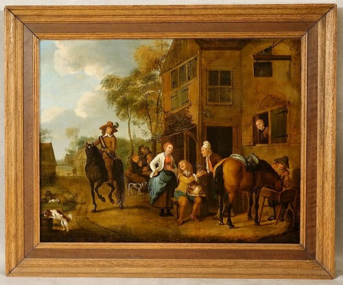 "La halte à l'auberge du cygne" - Johann Heinrich ROOS - XVIIe - Tableaux et dessins Style 