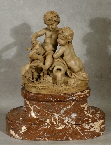 Putti au cygne - Sculpture en terre cuite sur socle en marbre - XIXe - Sculpture Style 